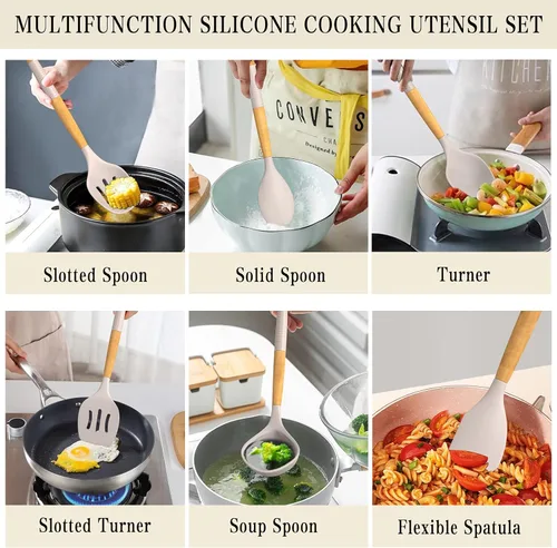 Vista 5 de Umite Chef - Juego de 33 utensilios de cocina de silicona, resistentes al calor, con soporte, mango de madera, espátula para utensilios de cocina