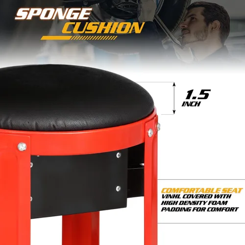 Vista 4 de Magshion Rolling Shop Taburete para garaje con cajón integrado, almacenamiento de herramientas y soporte para latas, asiento mecánico acolchado