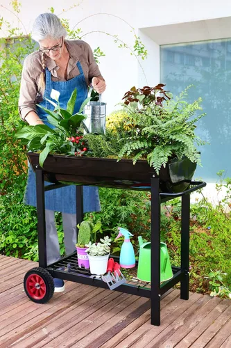 Vista 6 de Aveyas Macetero elevado de metal con ruedas con kit de jardinería, elevado, carrito móvil de jardín con patas, compatible con patio