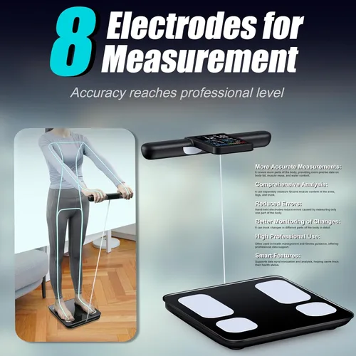 Vista 2 de Báscula inteligente de grasa corporal de 8 electrodos con IMC, grasa corporal, masa muscular, 28 métricas de composición corporal, báscula