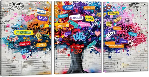 Vista 20 de Pintura de graffiti de árbol de la suerte sobre lienzo, 3 paneles, arte abstracto de árbol de deseos, póster impreso para sala de estar, dormitorio