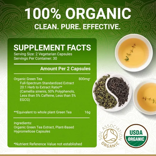 Vista 4 de Cápsulas de extracto de té verde orgánico - Certificado orgánico USDA 60 cápsulas de té verde Pastillas de té verde Extracto de té verde EGCG