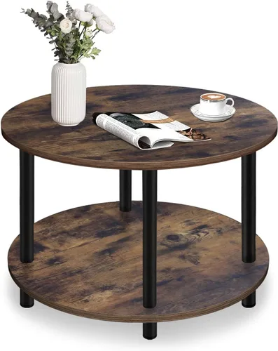 Vista 6 de Mesa de Centro Redonda Pequeña con Almacenamiento Abierto para Espacios Pequeños, 23.5" Negra Mesa Central de Madera de 2 Niveles para Sala