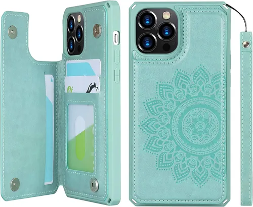 Vista 10 de iCoverCase Compatible con iPhone 12/12 Pro Wallet Funda para teléfono con tarjetero para mujer, bloqueo RFID en relieve de piel sintética con correa