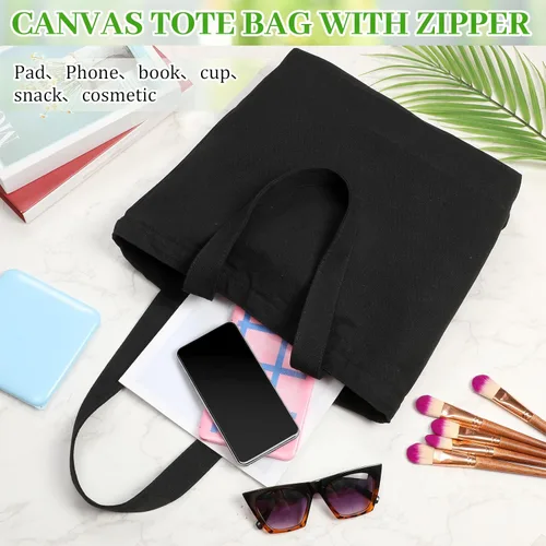 Vista 5 de Sanwuta 10 bolsas de lona negra a granel con asas de cremallera de 16.5 x 3.9 x 13 pulgadas, bolsa de lona de algodón en blanco, reutilizable