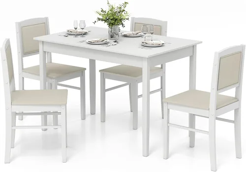 Vista 12 de Tangkula Juego de mesa de comedor para 4, juego de comedor de madera maciza de granja con patas de madera de goma, asiento tapizado y respaldo