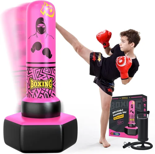 Vista 10 de Saco de boxeo inflable de 67 pulgadas independiente para niños de 3 a 12 años, juego de boxeo resistente para karate y taekwondo, bolsa de boxeo