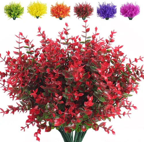 Vista 19 de RECUTMS - 8 ramas de flores artificiales, eucalipto artificial realistas, resiste rayos ultravioleta, para jardín, patio, boda, oficina y casa