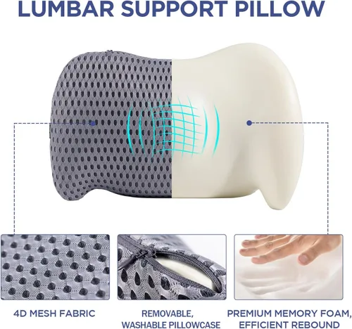 Vista 7 de Almohada de apoyo lumbar para silla de oficina, almohada lumbar de automóvil, alivio del dolor de espalda baja de espalda, cojín de espuma Gris