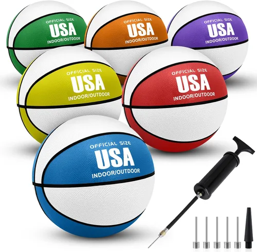 SIKEMAY 6 pelotas de baloncesto de tamaño oficial 7/6/5 a granel con bomba, para baloncesto de goma para adultos y hombres, profesional, multicolor