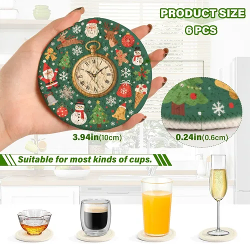 Vista 3 de Merry Christmas Vintage Pocket Watch Green Coasters Absorbant Set with Holder 6 Pack Drink Coasters for Home Posavasos para Mesa
