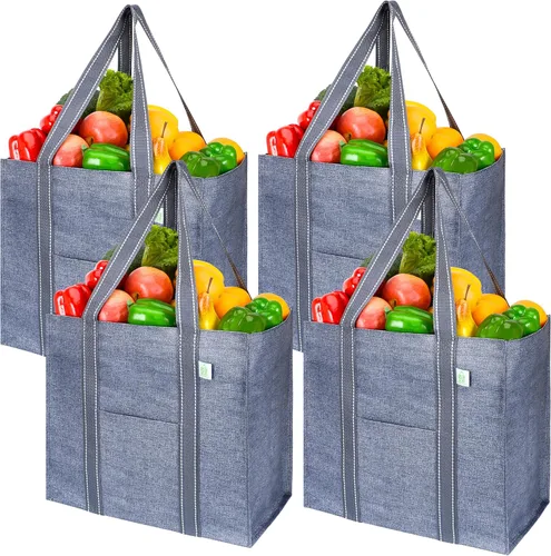 Vista 8 de VENO Paquete de 4 bolsas de comestibles reutilizables de Navidad, bolsas de compras resistentes con asas, para carrito de compras con parte inferior