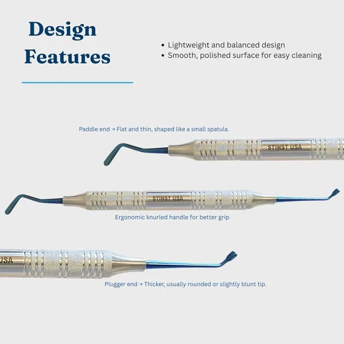Vista 3 de Instrumento de relleno compuesto dental Woodson 2 Titanium recubierto azul Plugger y paleta de doble extremo