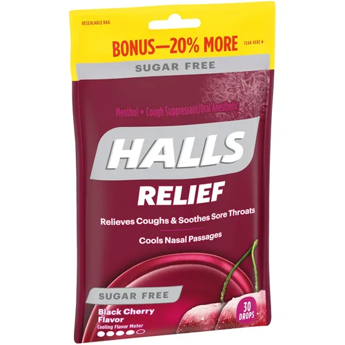 Vista 3 de HALLS Relief - Gotas para la tos con sabor a cereza negra, sin azúcar, 1 bolsa (30 gotas en total)