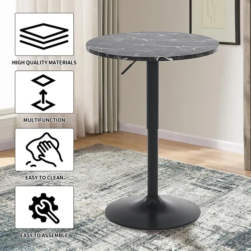 Vista 5 de Mesa redonda de bar de 23.6 pulgadas, mesa de barra de altura ajustable, parte superior de MDF con soporte y base de poste de metal, mesas de Negro