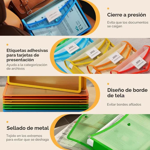 Vista 4 de ABC life Paquete de 12 carpetas de archivos expansibles de plástico, carpetas para documentos con cierre a presión, soporte organizador de carpetas