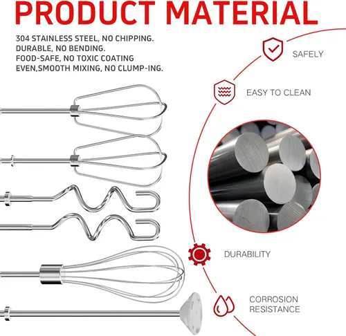 Vista 4 de Accesorios para batidora de mano, 6 unidades, batidor, varilla de mezcla y ganchos de masa, accesorios de batidora de mano de acero inoxidable