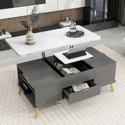 Vista 195 de Mesa auxiliar elevable, mesa auxiliar multifuncional con estantes abiertos, mesa de comedor moderna para sala de estar, oficina en casa (negro #004)