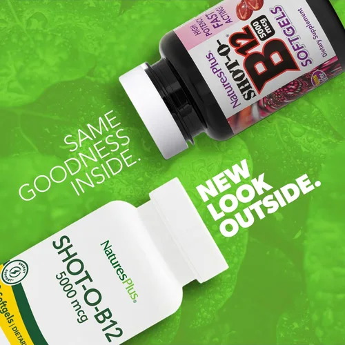Vista 2 de Natures Plus Shot-O-B12 (cianocobalamina) - 5000 mcg, 30 cápsulas blandas - Suplemento B12 de alta potencia, acción rápida, refuerzo de memoria