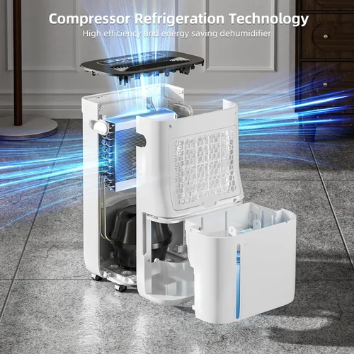 Vista 2 de Deshumidificador de 28 pintas para sótanos y hogar, con manguera de drenaje, tanque de agua de 1.7 galones, control inteligente de humedad, doble