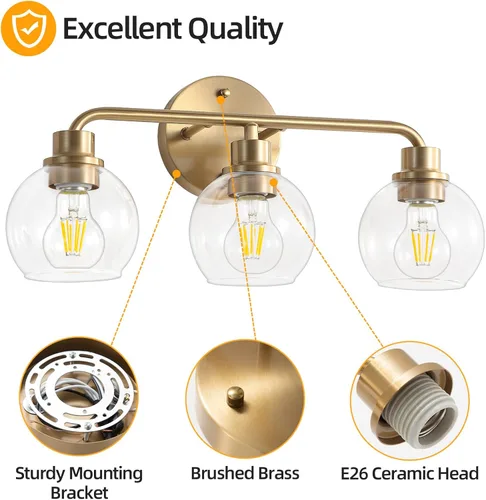 Vista 4 de Lámparas de baño doradas para tocador, 3 luces, apliques de pared, luces de latón cepillado con pantallas de vidrio globo transparente, lámpara