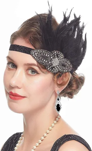 Vista 2 de Cizoe (1111da) - Juego de accesorios de estilo Gatsby de la década de 1920, para mujer, diadema de estilo flapper, tocado, collar, guantes
