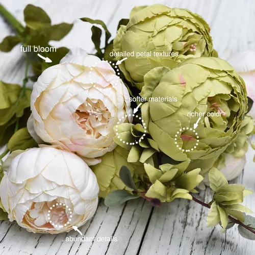 Vista 5 de FiveSeasonStuff - Peonías y hortensias artificiales de seda, ideal para decoración de bodas, novias, hogar, decoración de centro de mesa (2 ramos).