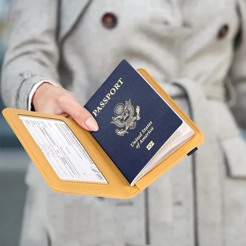 Vista 4 de Casmonal Funda para pasaporte, cartera con bloqueo RFID, funda de cuero, organizador de documentos de viaje, Combo de vacunación amarillo