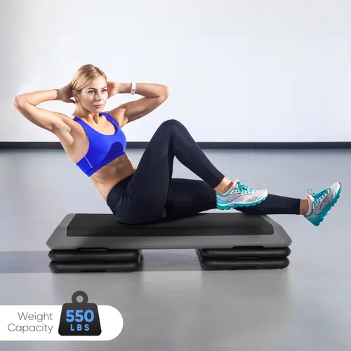 Vista 2 de Escalón aeróbico ajustable para entrenamiento, plataforma de ejercicios con 4 elevadores, superficie antideslizante para entrenamiento de gimnasio