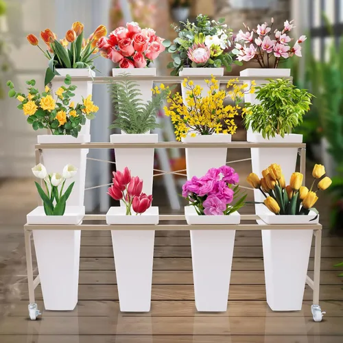 CNCEST Estante de exhibición de flores de 3 capas para interiores y exteriores, soporte de exhibición de flores con 12 cubos, para floristería