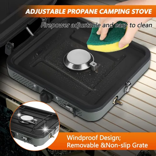 Vista 5 de Estufa de campamento de propano de 2 quemadores con parrilla y bolsa de transporte, estufa de campamento plegable portátil con quemadores ajustables