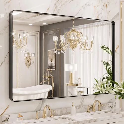 Vista 63 de LOAAO - Espejo de tocador para baño con marco de metal negro mate de 48 x 32 pulgadas para pared, rectangular, grande, redondeado, anticorrosión