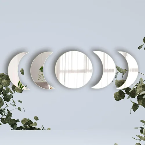 5 adhesivos de pared de espejo acrílico - espejos de fase lunar autoadhesivos - decoración bohemia para el hogar, sala de estar, baño, dormitorio