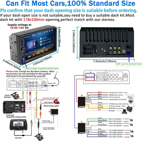 Vista 7 de Estéreo de coche de doble DIN con cámara de tablero, compatible con Apple Carplay, Android Auto, receptor de radio de coche con pantalla táctil de 7