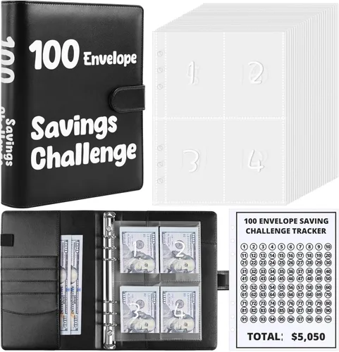 SKYDUE - Carpeta con 100 sobres para el desafío de ahorro de dinero, carpeta de presupuesto de ahorro de dinero A5 con sobres para efectivo - Libro