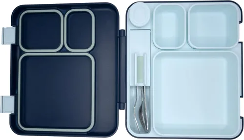 Vista 5 de BUILT Caja de almuerzo estilo bento, resistente a las fugas, apta para microondas, con 3 compartimentos, con utensilios y aderezo, color azul