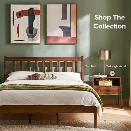 Vista 7 de mopio Ted - Marco de cama con cabecero, marco de cama de plataforma de madera maciza de acacia moderna de mediados de siglo, listones de madera, sin