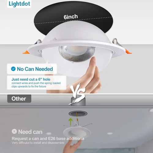 Vista 6 de Lightdot Paquete de 12 luces LED empotrables de cardán de 6 pulgadas, 360° + 90° ajustable, 3CCT seleccionable y regulable (5%-100%), luz ultra