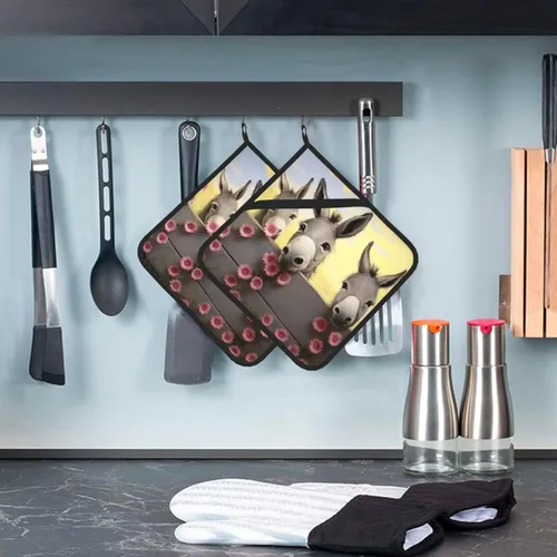 Vista 5 de Juego de 2 soportes para ollas con estampado de burro y flores, resistentes al calor, antideslizantes, impermeables, con lazo para microondas