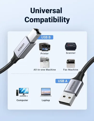 Vista 2 de UGREEN Cable de impresora, USB A a B de 6 pies, cable de escáner USB B trenzado de nailon compatible con Epson, Canon, HP, Brother, Dell, Samsung
