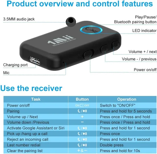 Vista 7 de 1Mii Receptor de música Bluetooth 5.3 para estéreo de coche/hogar, adaptador Bluetooth auxiliar para automóvil con control de volumen, soporta
