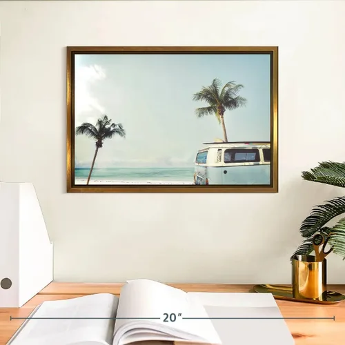 Vista 3 de ElephantStock - Retro Surf Van Wall Art - Horizontal Floating Framed Canvas - Living Room Wall Decor - Photography Beach Framed Canvas Art - Blue