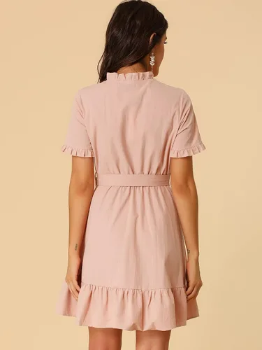 Vista 4 de Allegra K Vestido camisero de algodón ajustado y acampanado para mujer con cinturón y botones frontales con volantes, M