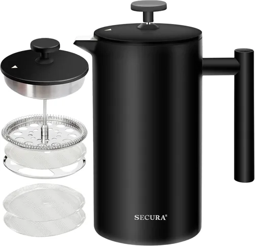Secura Cafetera de prensa francesa con filtro de acero inoxidable de 3 capas, 34 onzas, negro, diseño aislado de doble pared con 2 filtros