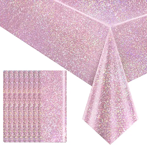 Vista 23 de 2 manteles plateados holográficos brillantes con láser de disco, manteles de plástico iridiscente de 40" x 108", funda de mesa blanca