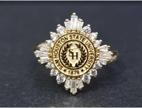 Vista 8 de Ssjewel Custom University Logo Ring Personalized College Class Ring For Women Cz Graduation Ring 14K Gold Finish Women High School Ring Handmade