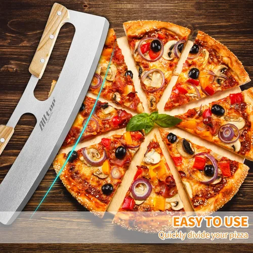 Vista 3 de ALLTOP Cortador de Pizza Basculante, Cuchillo de Hoja de Acero Inoxidable con Doble Mango de Madera y Cubierta de Plástico, Rebanadora/Picadora