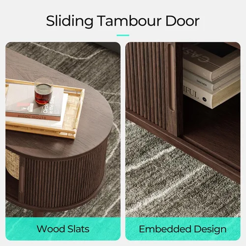 Vista 15 de LINSY HOME Mesa auxiliar redonda, mesa de centro de tambor de 31.5 pulgadas con puerta corrediza de tambor, mesa central acanalada con Roble