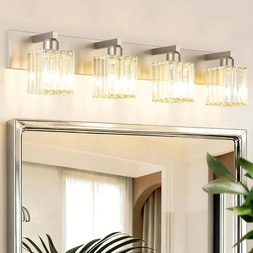 Vista 32 de Aipsun Accesorios de iluminación de tocador de baño, luces de tocador de cristal para baño, 2 luces, accesorios de iluminación de pared de acero