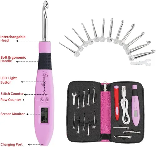 Vista 3 de Juego de Ganchos de Ganchillo con Cuenta Digital, Gancho de Ganchillo Ergonómico con Luz LED y 2 Niveles de Brillo Ajustable, Ganchos de Ganchillo